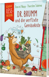 Das Buchcover zeigt einen fröhlichen Bären, der eine Kiste voller Gemüse aus seinem Garten trägt. Es sind bunte Gemüse wie Karotten, Zucchini und Paprika zu sehen, während der Bär überrascht und neugierig schaut.
