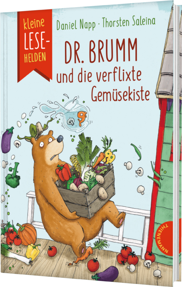 Das Buchcover zeigt einen fröhlichen Bären, der eine Kiste voller Gemüse aus seinem Garten trägt. Es sind bunte Gemüse wie Karotten, Zucchini und Paprika zu sehen, während der Bär überrascht und neugierig schaut.
